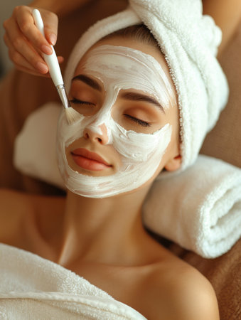 Beautiful young woman with facial mask at spa salon. Face care.の素材