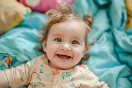 Portrait of a cute baby girl lying on the bed and smilingの素材