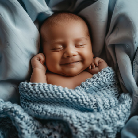 Cute newborn baby boy sleeping in a blue knitted blanket.の素材