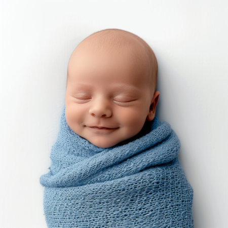 Newborn baby wrapped in a blue scarf on a white background.の素材