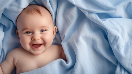 Adorable smiling baby lying on blue blanket. Top view, copy spaceの素材