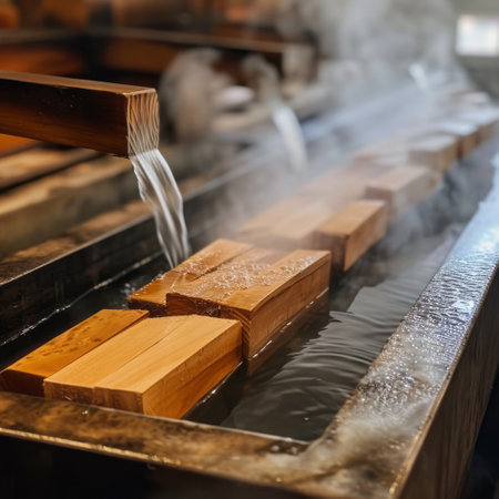 Close-up of wooden products being steamed in a hot waterの素材
