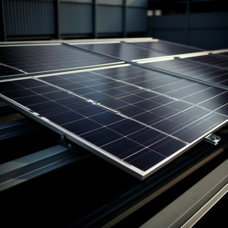 solar panels on the roof of a solar power plant, close upの素材