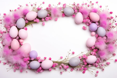 Easter eggs and pink feathers on white background. Top view.の素材
