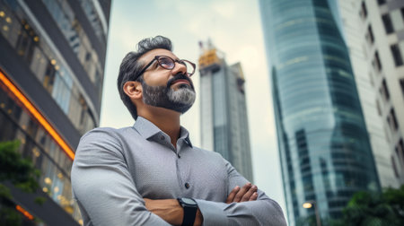 Portrait of young handsome Indian businessman with eyeglasses in cityの素材