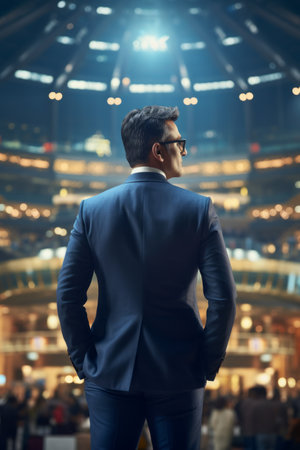 Back view of young businessman in suit looking at camera in night cityの素材