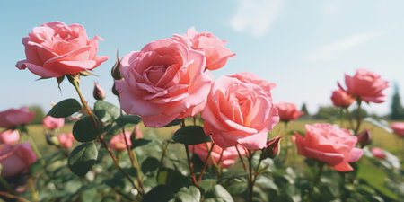Beautiful pink roses blooming in the garden on a sunny dayの素材