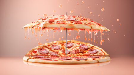Pizza with melting cheese on a pink background. 3d renderingの素材