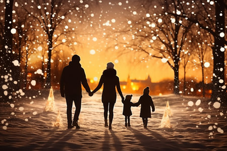 Happy family walking in winter park. Mother, father and child having fun outdoors. Christmas conceptの素材