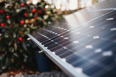 Close-up of solar panels in the garden. Alternative energy conceptの素材