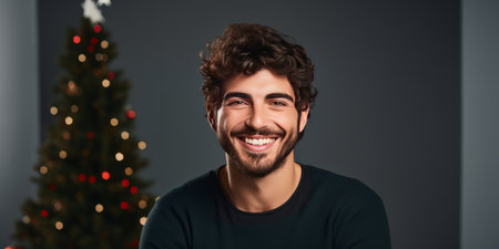 portrait of smiling young man with christmas tree in the backgroundの素材