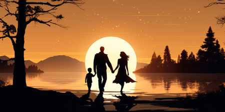Silhouette of family in the lake at sunset. Vector illustrationの素材