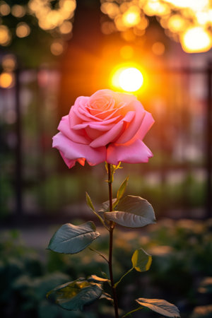 Beautiful pink rose flower in the garden with sunset light background.の素材