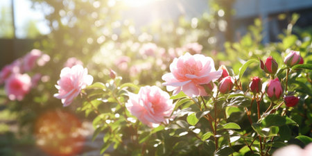Blooming pink roses in the garden. Beautiful nature scene with blooming flowers.の素材
