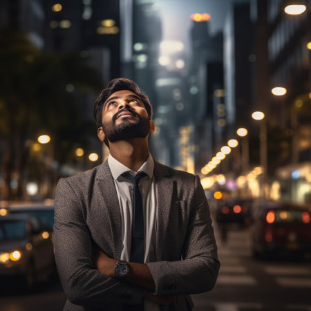 Portrait of a handsome Indian businessman standing in the city at nightの素材