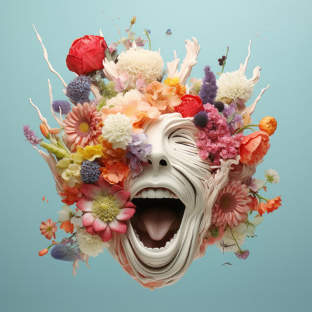 Flower head mask with different flowers on blue background. Creative surreal art collageの素材