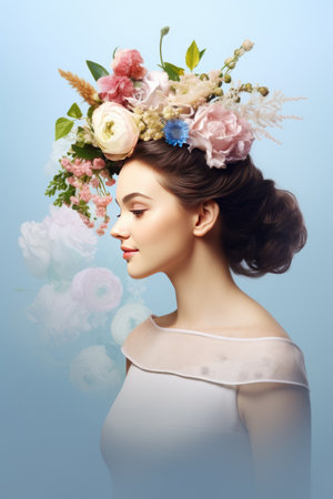 Beautiful young woman with a wreath of flowers on her headの素材