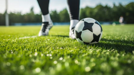 Cropped image of female soccer player standing with ball on football fieldの素材