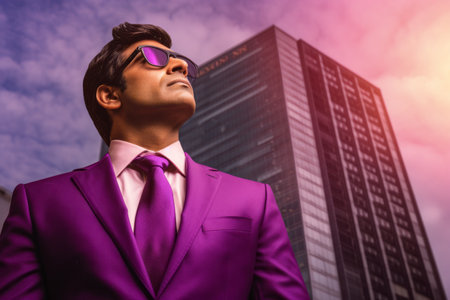 Portrait of a young handsome Indian business man in purple suit and sunglassesの素材