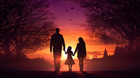 Silhouette of happy family on sunset background. Happy family conceptの素材