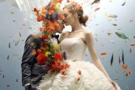 beautiful bride and groom in the aquarium with fish, underwater worldの素材