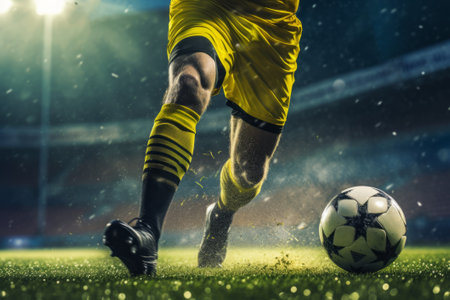 soccer player in action on the green field of stadium under rainの素材