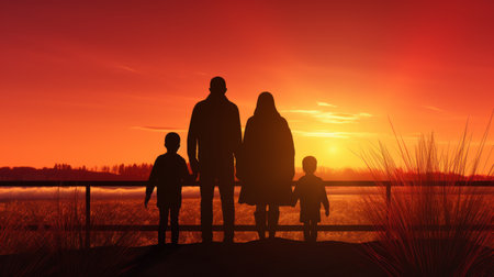 Silhouette of a family on a background of the setting sunの素材