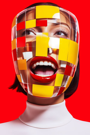 Smiling woman with face mask made of cubes. 3d illustration.の素材