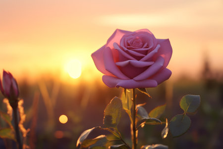 Beautiful pink rose in the field at sunset. Nature background.の素材