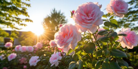 Beautiful pink roses blooming in the garden at sunset. Nature backgroundの素材