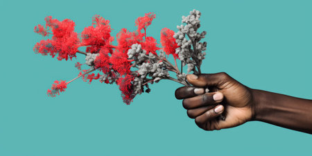 Hand of african american woman holding bunch of flowers on turquoise backgroundの素材