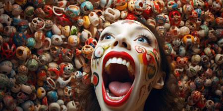 Screaming girl with clown mask on the background of colorful candies.の素材