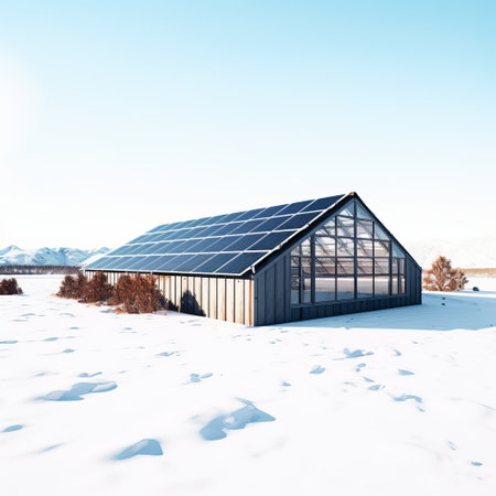 3d render of photovoltaic panels on a winter fieldの素材