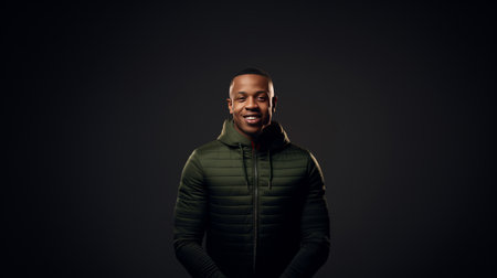 smiling african american man in green hoodie on black backgroundの素材