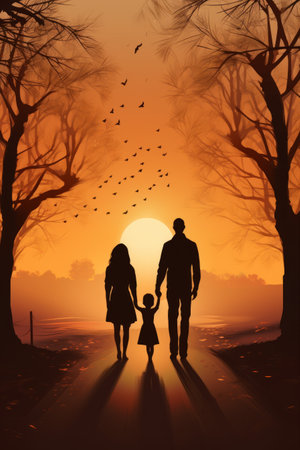Silhouette of a happy family with a child on a sunset backgroundの素材