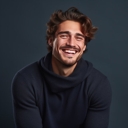 Portrait of a handsome young man in a sweater on a dark background.の素材