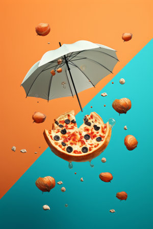 Pizza under umbrella on blue and orange background. 3d illustrationの素材