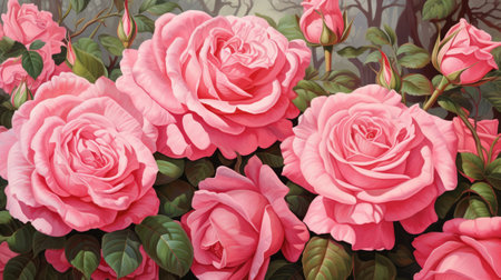 Pink roses with green leaves background, 3d rendering. Computer digital drawing.の素材