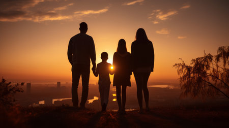 Silhouette of a family against view of the city at sunsetの素材