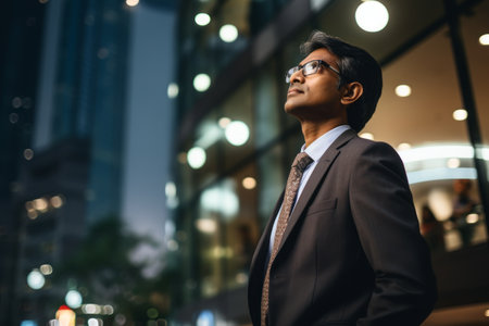 Portrait of a handsome Indian businessman with eyeglasses at nightの素材