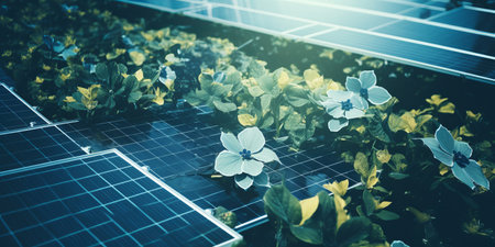 Solar panels and flowers, alternative electricity source - Alternative energy concept.の素材