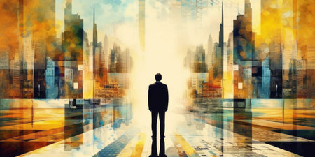 Businessman on abstract city background. Double exposure. Concept of success.の素材