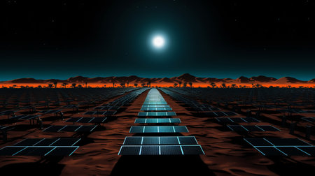 solar panels in the desert at night 3d render illustration.の素材