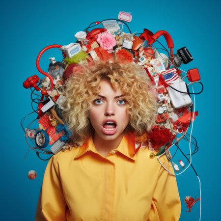 Portrait of a young woman with curly blond hair in a yellow blouse with a lot of shopping bags on a blue backgroundの素材