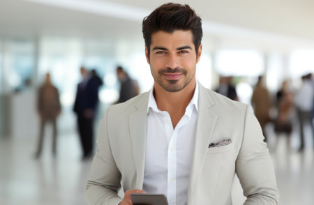 Handsome young businessman using his mobile phone in an office.の素材