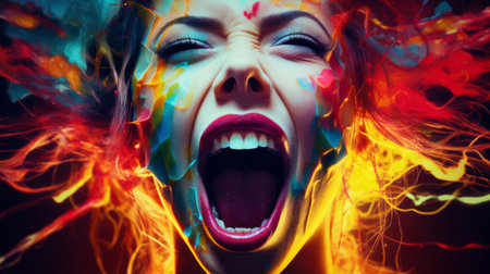 Close-up portrait of a screaming woman with bright colored hair.の素材
