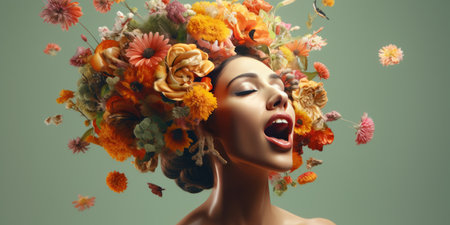 Fashion portrait of beautiful woman with flowers in hair. 3d renderingの素材