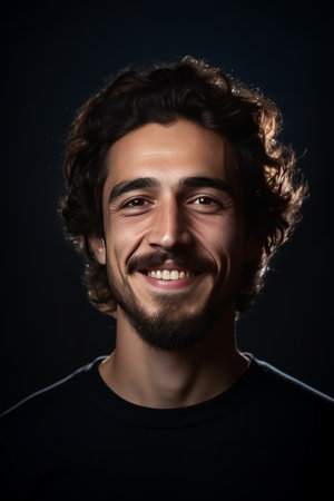 Portrait of a handsome young man with curly hair on black backgroundの素材