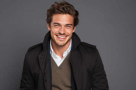 Portrait of a handsome young man smiling at camera while standing against grey backgroundの素材