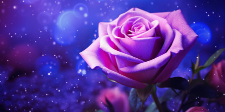 Beautiful purple rose with bokeh effect on blue background.の素材
